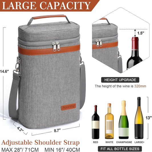 2 Bottle Wine Bag Wine Cooler Carrier Wine Gift Tote Bag, Leakproof & Insulated Bottle Bags for Travel, BYOB, Beach, Dinner, Party, Christmas Gifts for Wines Lovers Women Men - Gray