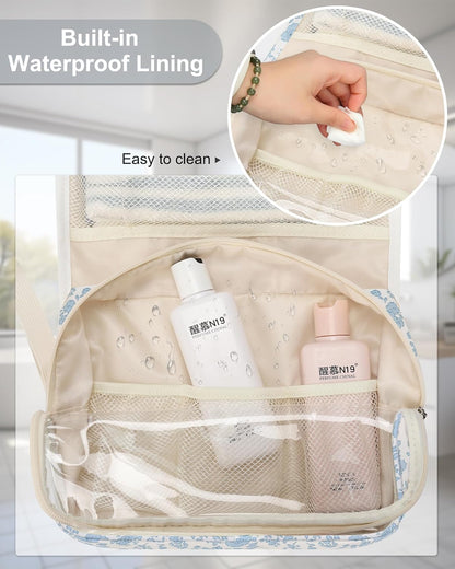 Hanging Toiletry Bag, Travel Toiletries Bag with Hanging Hook, Water Resistant Makeup Cosmetic Organizer for Full Sized Container, Shampoo, Portable Wash Bag for Travel Size Essentials - Blue Flower