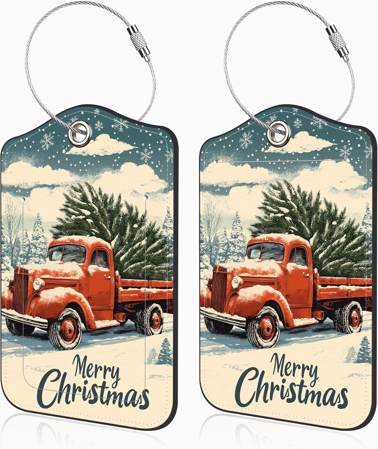 Vintage Red Truck wtih Christmas Tree Set of 2 Luggage Tags for Suitcases Leather Suitcase Tags with Privacy Name Address Label and Stainless Steel Loop for Women Men Travel Luggage Accessories