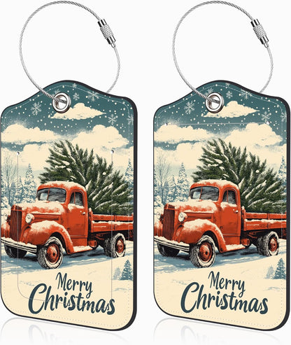 Vintage Red Truck wtih Christmas Tree Set of 2 Luggage Tags for Suitcases Leather Suitcase Tags with Privacy Name Address Label and Stainless Steel Loop for Women Men Travel Luggage Accessories