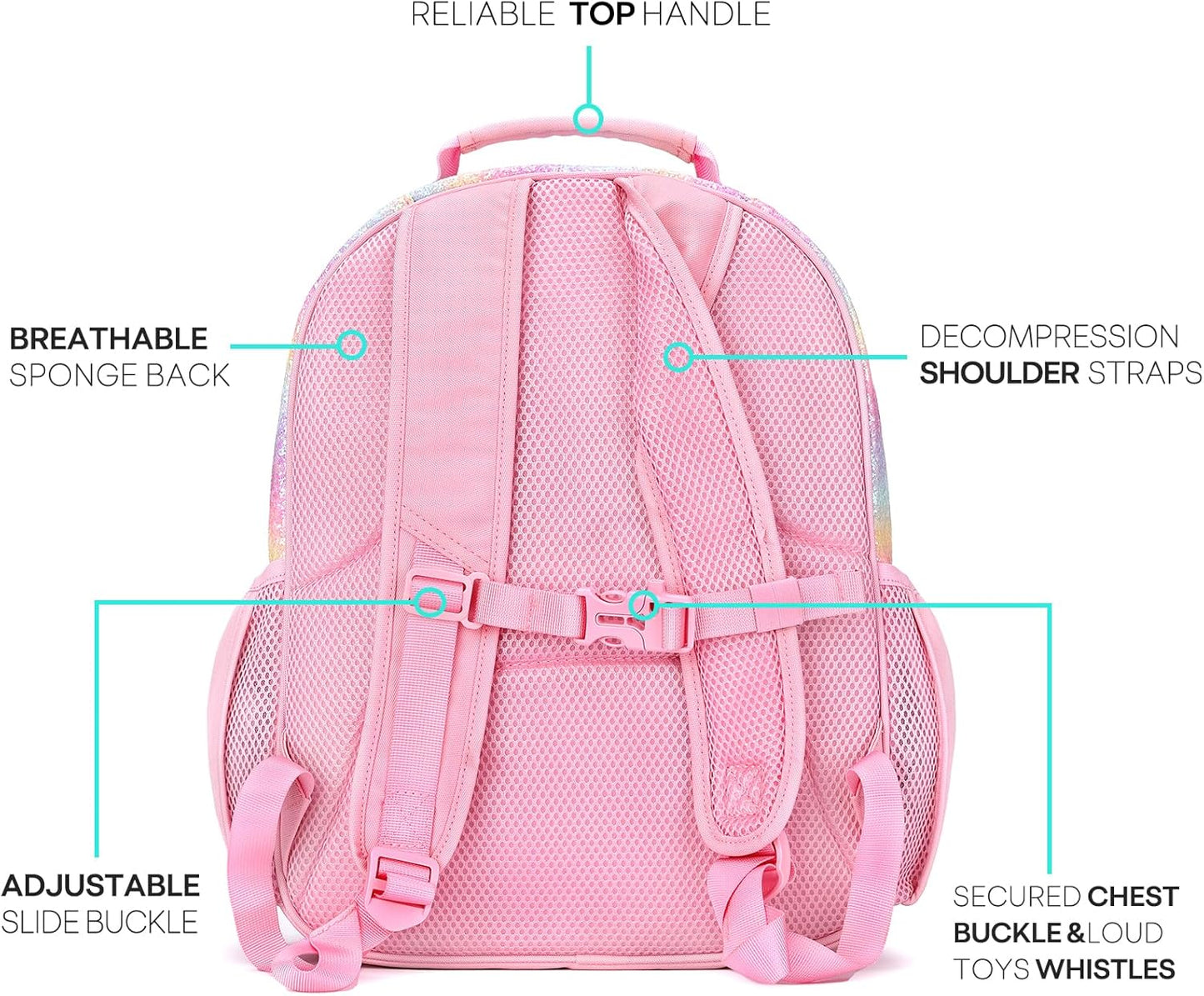 mibasies Girls Backpack 5-8: Glitter Kids Backpacks for Girls - Girl Bookbag for Elementary School - Rainbow Pink
