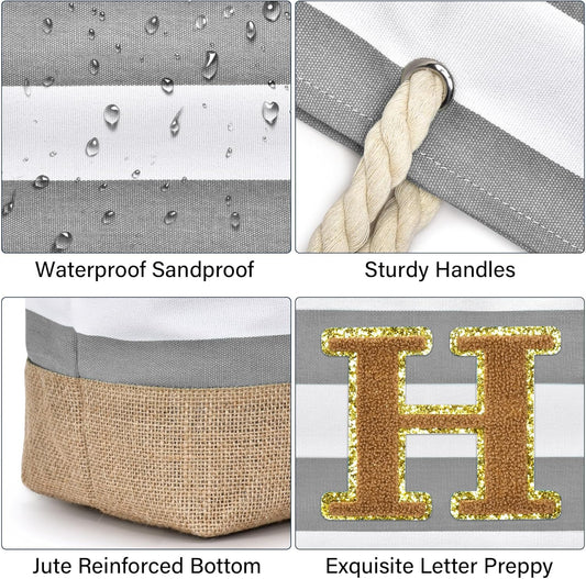 Becokan Beach Bag Initial Beach Tote with Makeup Bag for Travel Work Storage Personalized Birthday Gifts for Women Her