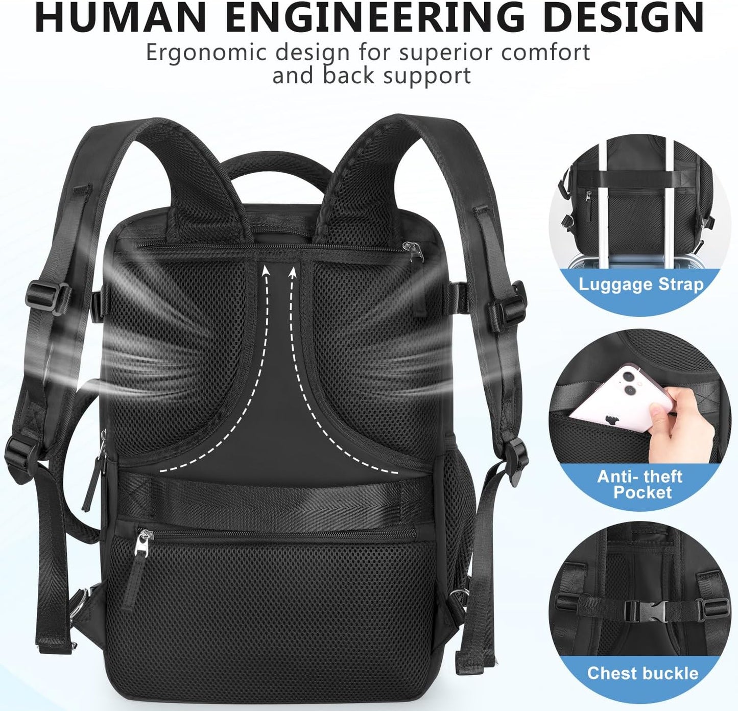 Travel Backpack for Women, Large Carry On Backpack for Travel, Waterproof Backpack Personal Item, Backpack for Women, laptop backpack 17.3 inch, College Bag Casual Daypack, Black