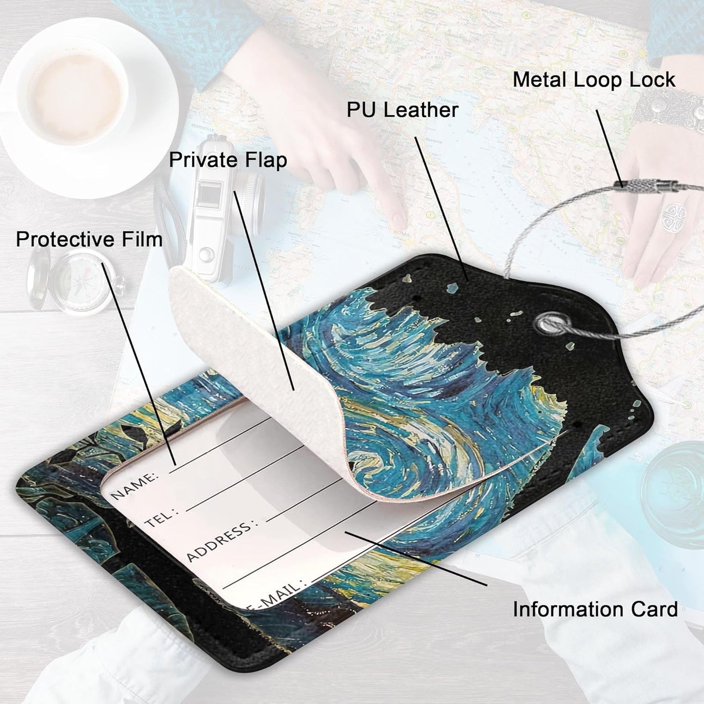 Luggage Tags,Black Cat Starry Night Cute Suitcase Tag with Privacy Flap & Name ID Label & Metal Loop,Luggage Tags for Women Men Baggage Handbag School Bag Backpack