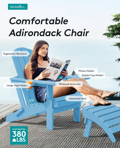 SERWALL Adirondack Chair with Cup Holders - Composite Adirondack Chairs Set of 6 HDPE Outdoor Chairs All Weather Use- Light Blue