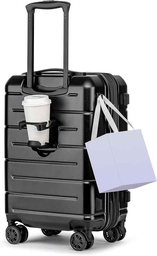 KYME Carry On Luggage 22x14x9 Airline Approved Expandable with Cup Holder 20 Inch Hardshell Carry-On Suitcase with Spinner Wheels TSA Lock Small Lightweight Travel Rolling Luggage Black
