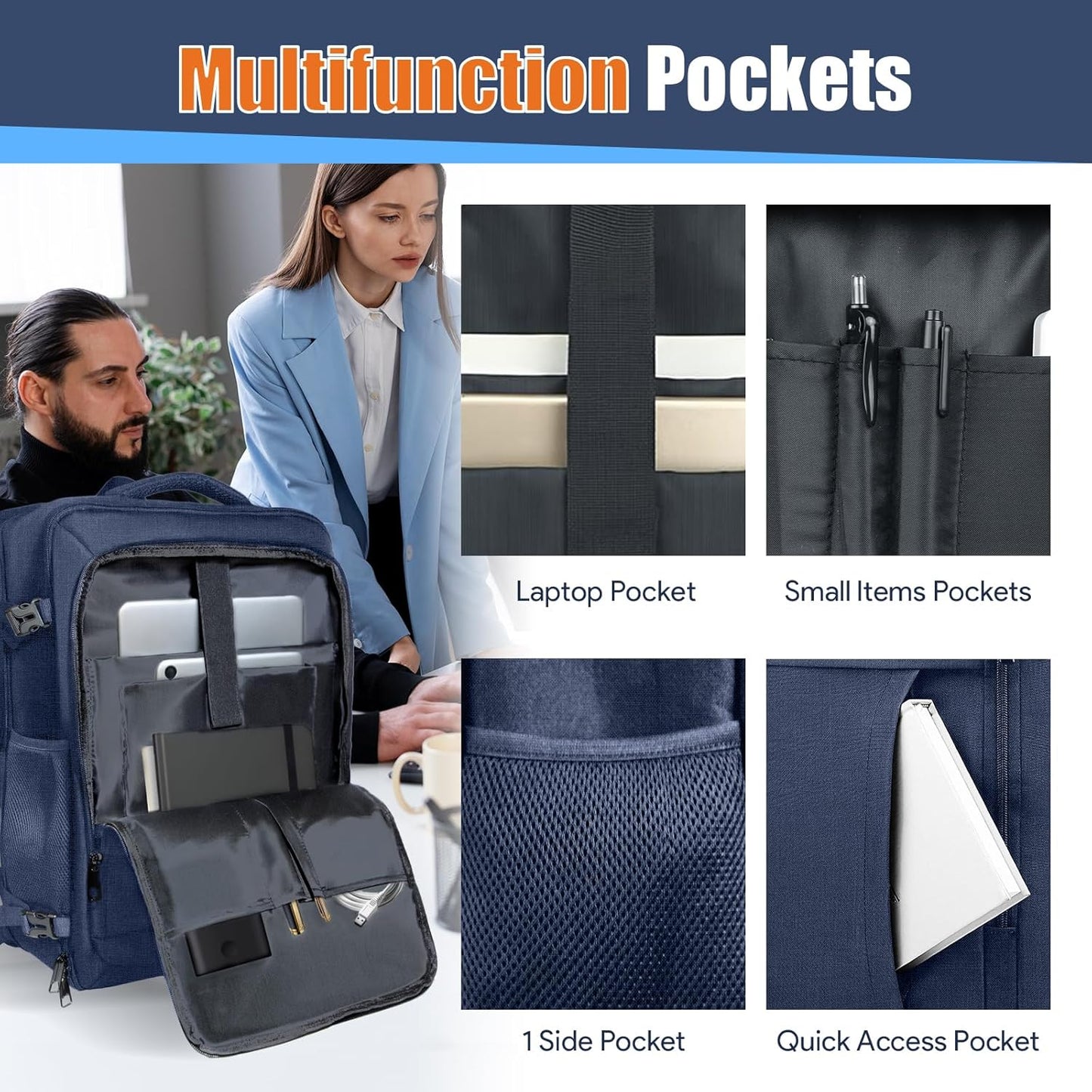 Travel Laptop Backpack, Expandable 40-50L Travel Backpack, 17.3 Inch Carry on Large Luggage TSA Flight Approved Laptop Bag, Multiple Pockets TSA Friendly Water Resistant Business Bag for Men, Blue