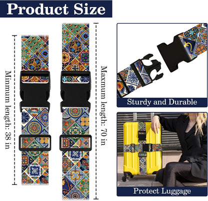 Boho Luggage Straps for Suitcases TSA Approved, Luggage Identifiers for Suitcase, Adjustable Suitcase Strap for Baggage Security with Cute Patten, Travel Necessary Accessories (2Pack)