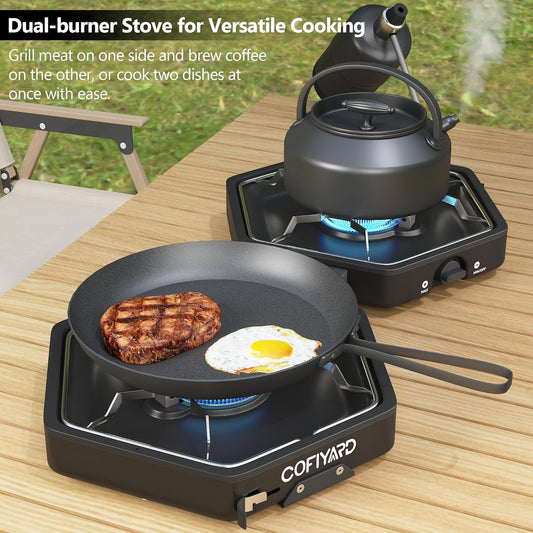 Propane 2 Burner Camping Stove with Carrying Bag, Portable Folding Gas Stove for Camping, Backpacking Camp Stove for Outdoor Cooking, With 17,000 BTU Adjustable Burners for BBQ, Tailgating Black