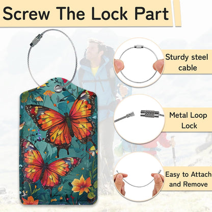 3 Pack Vintage Butterfly Wildflower Luggage Tags for Suitcases,Cute Leather Name Tag with Privacy Cover with Stainless Steel Loops, Travel ID Bag Tags for Women Men