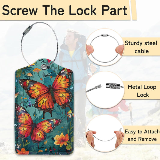 3 Pack Vintage Butterfly Wildflower Luggage Tags for Suitcases,Cute Leather Name Tag with Privacy Cover with Stainless Steel Loops, Travel ID Bag Tags for Women Men