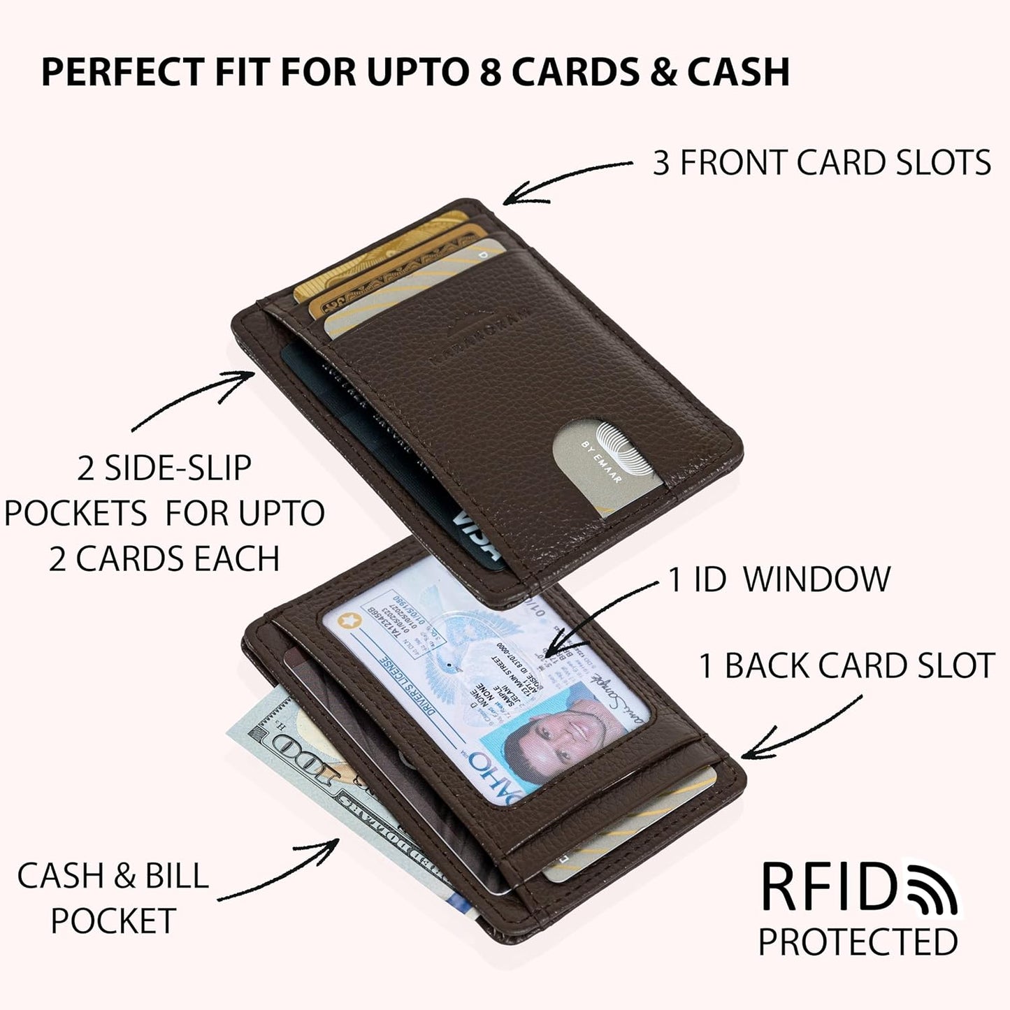 KARAKORAM Vertical Handcrafted Premium Leather Front Pocket Credit Card Holder with RIFD Protection | Artisan Made Slim Leather Wallet | Finger Glide Slots for Cards and ID (Wildwood Espresso)