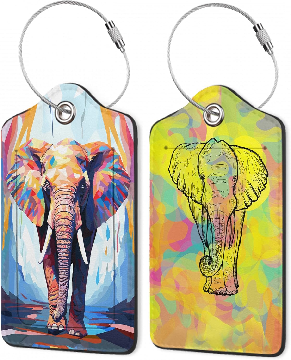Abstraction Elephant Luggage Tags,2 Pack Oil Paint Elephant Luggage Tag,Leather Privacy Cover ID Label with Stainless Steel Loop for Women Men Kids Girls Travel