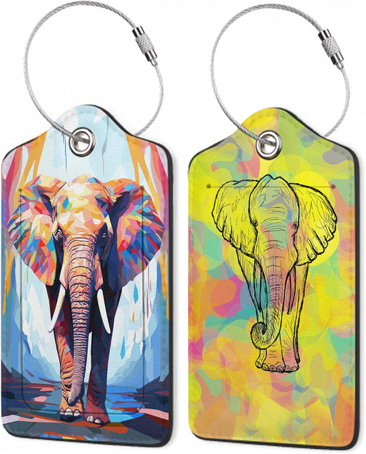 Abstraction Elephant Luggage Tags,2 Pack Oil Paint Elephant Luggage Tag,Leather Privacy Cover ID Label with Stainless Steel Loop for Women Men Kids Girls Travel