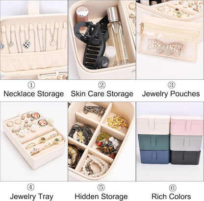 2 Layer Portable Jewelry Box, Large Jewelry Travel Case with 4 Jewelry Pouches, Medium Size Jewelry Organizer Box for Earrings, Necklaces, Bracelets (beige)