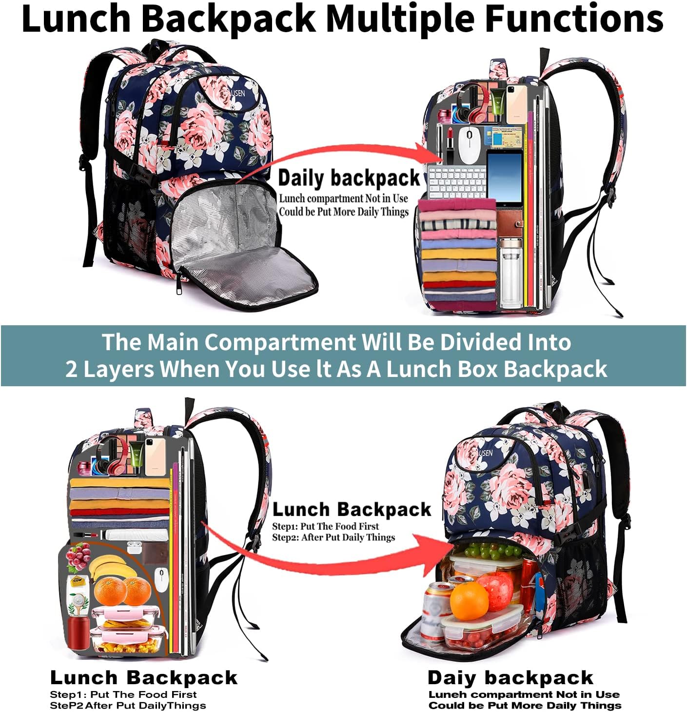 HILUSEN Lunch Cooler Backpack for Women, Extra Large 17 inch Travel Laptop Backpack with USB Charging Port, Water Resistant