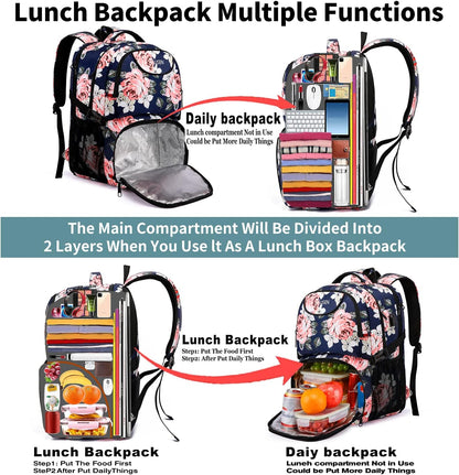 HILUSEN Lunch Cooler Backpack for Women, Extra Large 17 inch Travel Laptop Backpack with USB Charging Port, Water Resistant