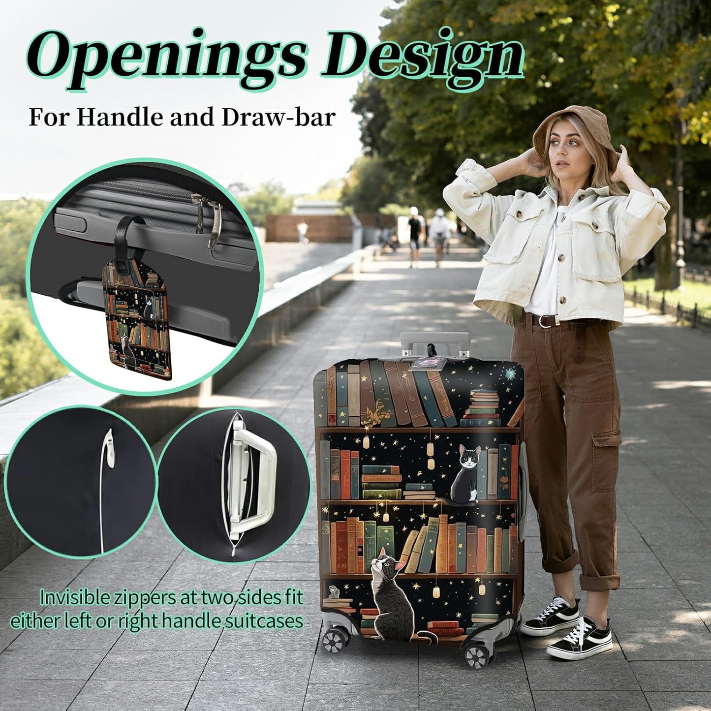 Luggage Cover + Tag, Cat Library Travel Suitcase Protector for 18-20 inch Luggage (S) with Concealed Zipper, Washable Elastic Cloth, Dustproof, Anti-Scratch