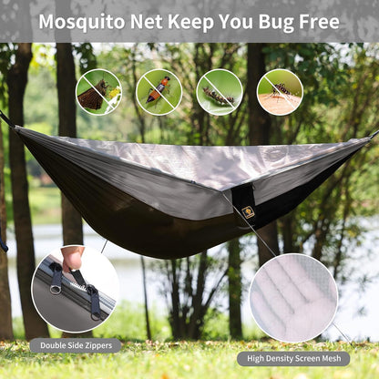 Camping Hammock, Portable Hammocks with Mosquito Net,Lightweight Nylon Parachute Hammock with 10ft Tree Straps,Camping Gear Must Haves for Travel Hiking Backpacking Beach Patio-Black&Grey