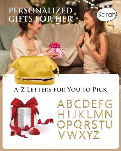 Womens Gifts, Initial Makeup Bag, Travel Gifts, Personalized Bags, Waterproof Double Layer Cosmetic Bag, Large Capacity PU Leather Makeup Bags Letter Travel Toiletry Bag, Friend Gifts