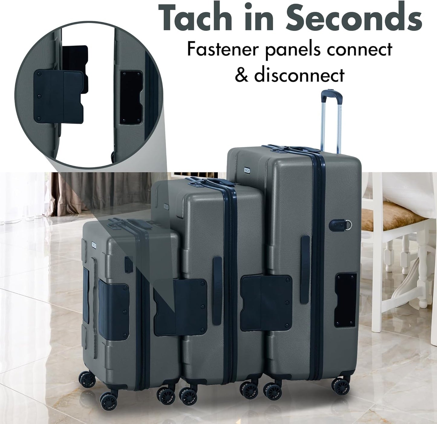 Tach V3.1 Hard Shell 3 Piece Luggage Set - 20, 24 & 28 inch Luggage | Carry On, Medium & Large Checked Suitcases | Patented Built-In Connecting System | Rolling Suitcase Links 6 Bags (Grey)