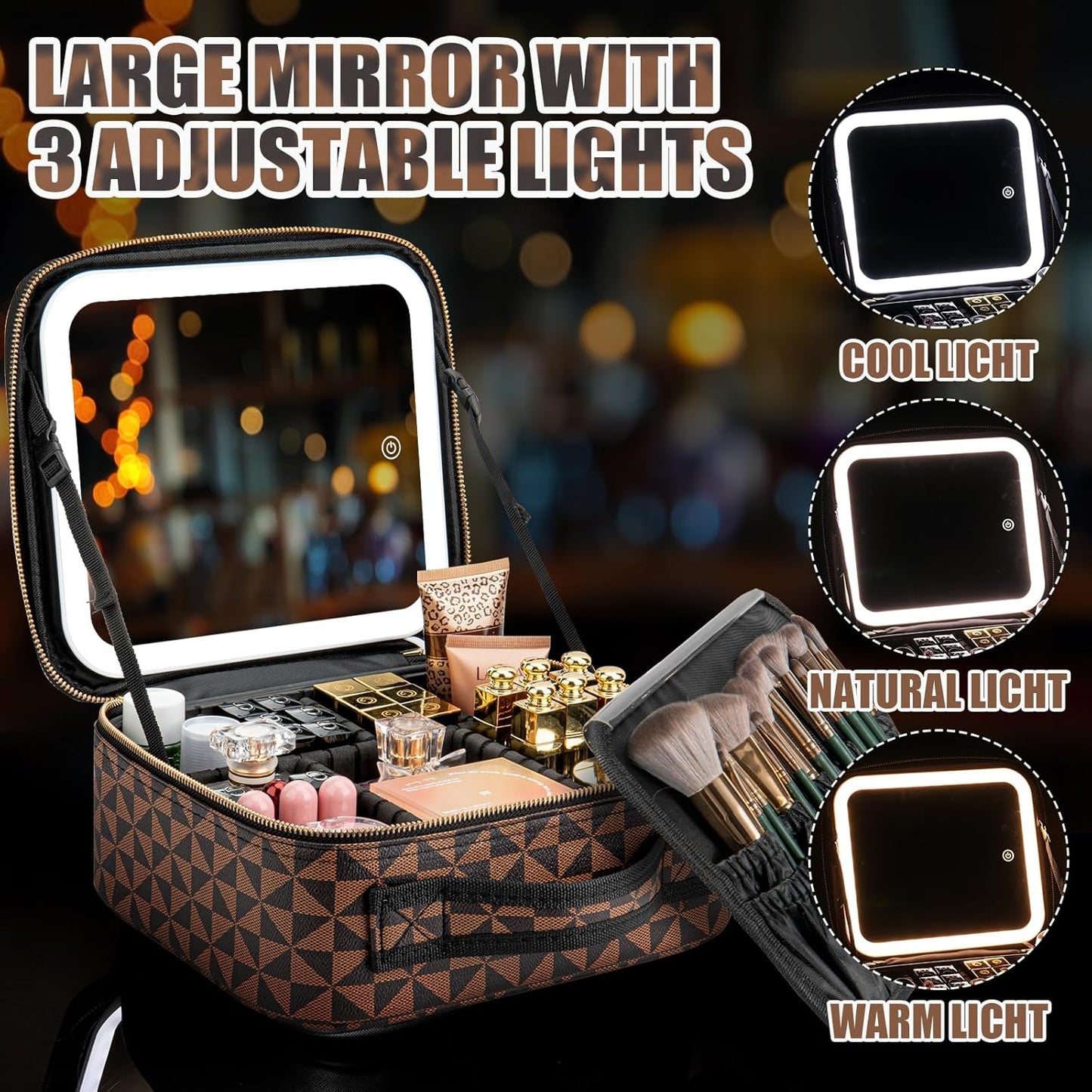 Makeup Travel Train Case with Mirror LED Light 3 Adjustable Brightness Large Cosmetic Bag Portable Storage Adjustable Partition Waterproof Makeup Brushes Make up Jewelry Gift for Women