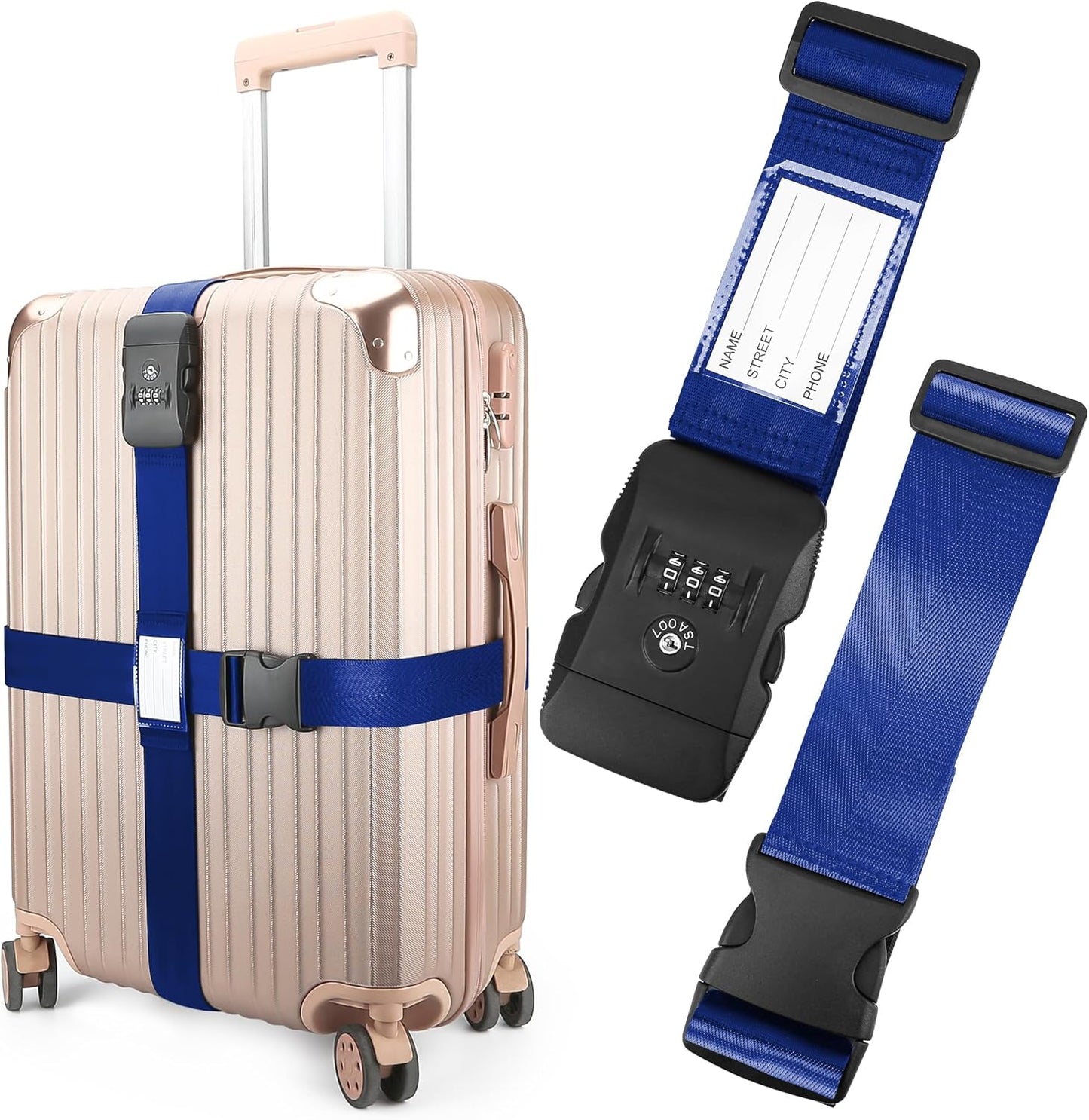 Luggage Straps, Blue TSA Approved Luggage Strap Belt with Combination Lock for Suitcases, 2 Pack Adjustable Heavy Duty Cross Suitcase Straps with Name Tags for Travel, Carry On Bags, Protect Luggage