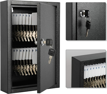 KYODOLED Key Storage Lock Box Wall Mount, Locking 40 Key Cabinet Holder Box with Key Lock, Hooks & Labels, 2.5" D x 8.1" W x 12.1" H