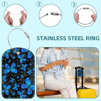 Blue Butterfly Luggage Tag for Suitcase Set of 2 PU Leather Cute Luggage Tags with Stainless Metal Loop ID Label Privacy Flap Suitcase Tags for Women and Men Travel