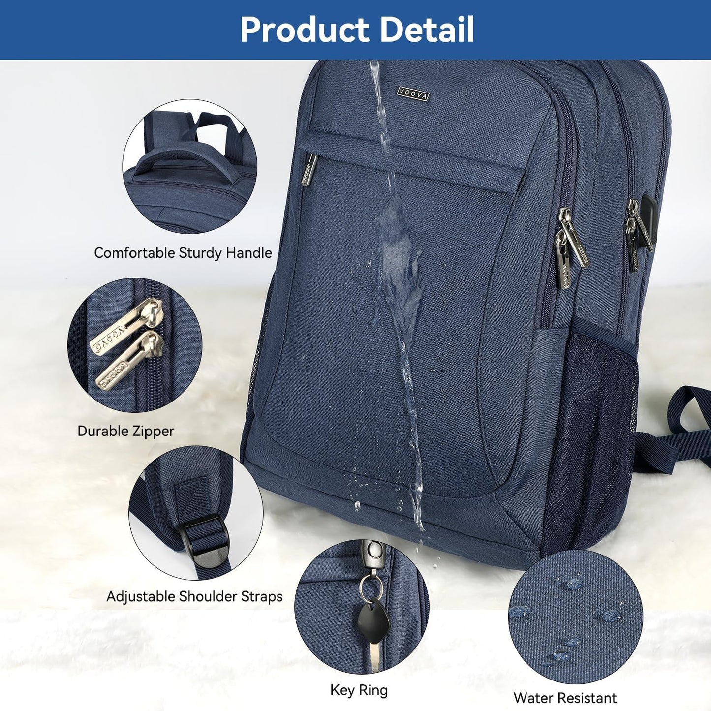 Voova Travel Laptop Backpack, Business Work Laptop Backpack for Women & Men with USB Charging Port, Waterproof Slim Durable College Computer Bag Fits 15.6 Inch Laptops and Notebook, Blue