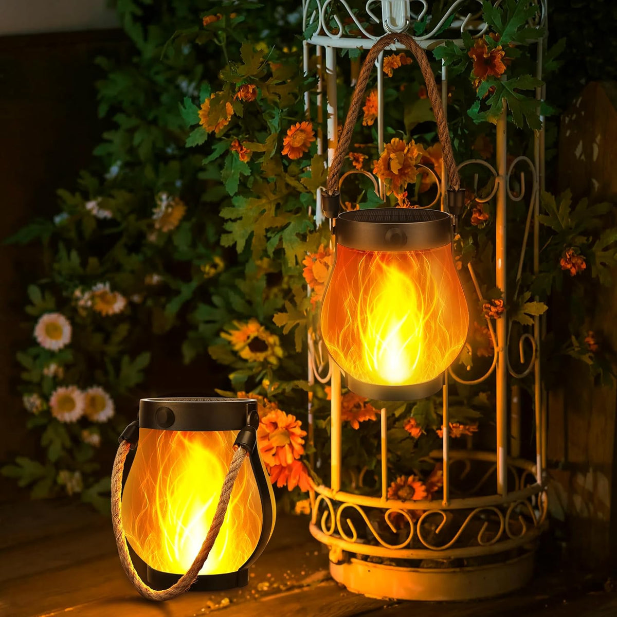 Solar Flame Lantern Hanging Outdoor Waterproof Purple - 2 Pack Flame Lanterns with Dual Charging Modes of Solar & USB for Garden or Yard Christmas Decorations (Warm White - 2 Pack)
