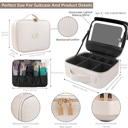 MOMIRA Travel Makeup Bag Cosmetic Bag Makeup Organizer Bag with Lighted Mirror, Adjustable Brightness in 3 Color Scenarios, Waterproof Makeup Train Case, Gift for Women - Khaki