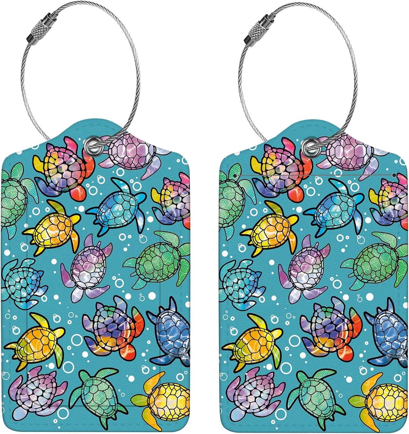 2 Pcs Luggage Tags for Suitcase, Cute Unique PU Leather Travel Bag Tag with Privacy Cover ID Label Address Card and Durable Metal Ring Suitable for Men Women Children Backpack,Gradient Color Turtle