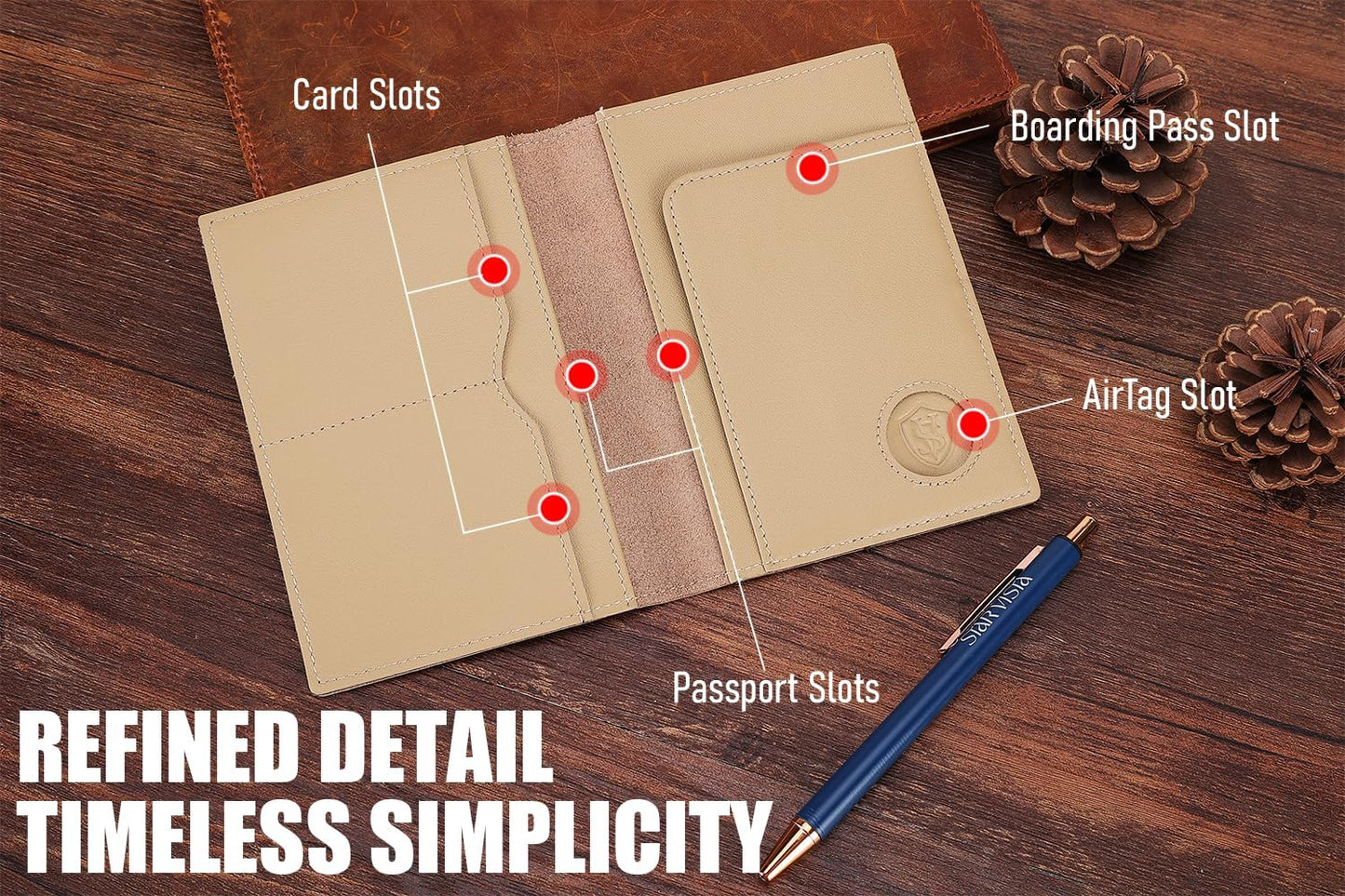 STAR VISTA Albatross Leather Travel Passport Holder, Minimalist Design, Calfskin Leather Case for Women and Men - Slim Passport Wallet, Bifold, RFID Blocking, with AirTag Holder, Ivory