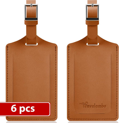 Travelambo Luggage Tags for Suitcases Faux Leather Privacy Protection 6 Pack Bag Tags Travel Accessories Essential, Yellowish Brown