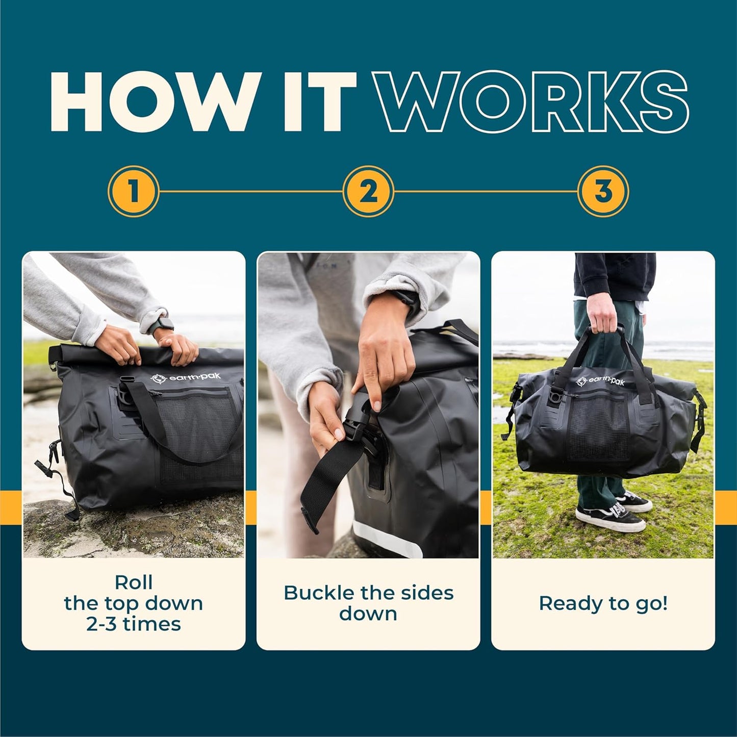 Earth Pak Waterproof Duffel Bag - Heavy Duty Motorcycle Dry Bag with Large Storage Space Perfect for Traveling, Camping, Kayaking, Fishing & Canoeing Bag 50L/70L/90L/120L Sizes