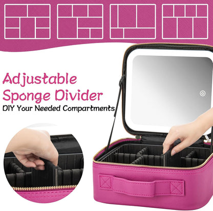 Makeup Travel Train Case with Mirror LED Light 3 Adjustable Brightness Large Cosmetic Bag Portable Storage Adjustable Partition Waterproof Makeup Brushes Make up Jewelry Gift for Women