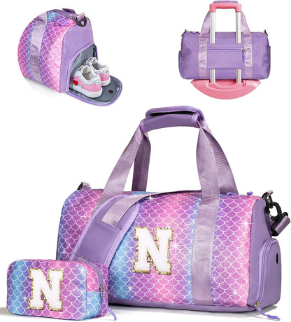 Gift Ideas for Kids Girls-Girl Gym Bag with Shoe Compartment, Kid Personalized Weekender Overnight Bags, Initial Travel Tote with Makeup Pouch, Graduation Gifts Granddaughter (Letter N)