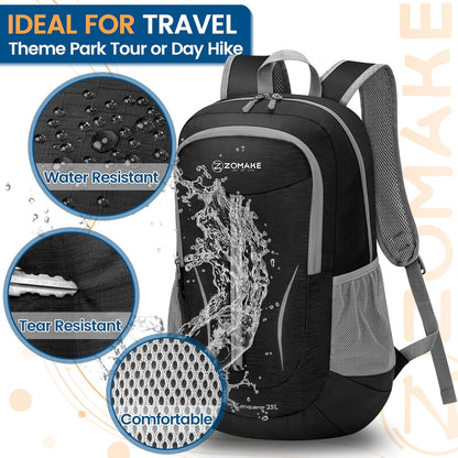 ZOMAKE Ultra Lightweight Packable Backpack 25L, Foldable Hiking Backpacks Water Resistant Small Folding Daypack for Travel(Solid Black)