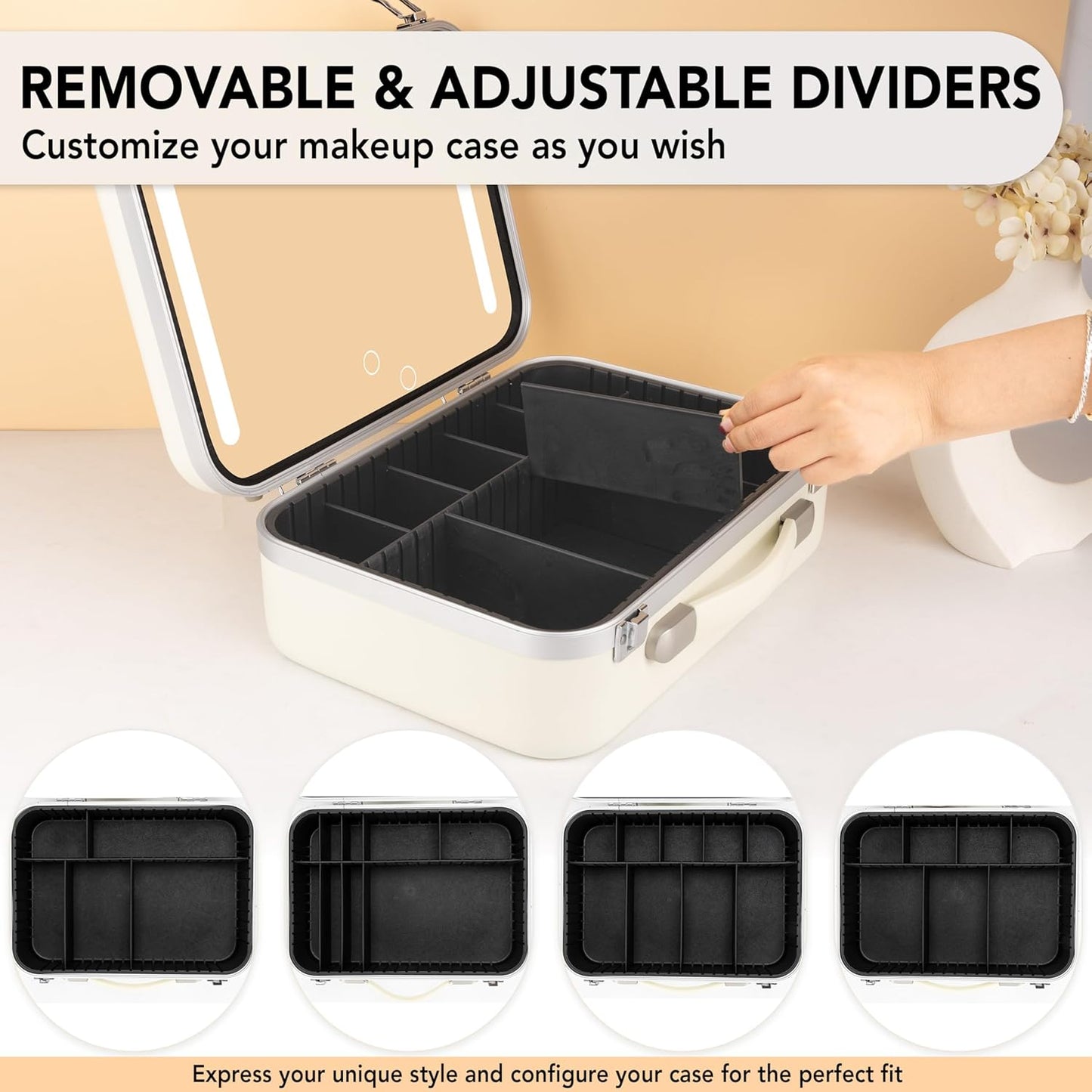 Lighted Makeup Case with Mirror - Large Size 13.4" x 10.2" - Travel Makeup Case With Mirror - Rechargeable LED Travel Vanity Case with Adjustable Brightness - Train Case Makeup Bag - White