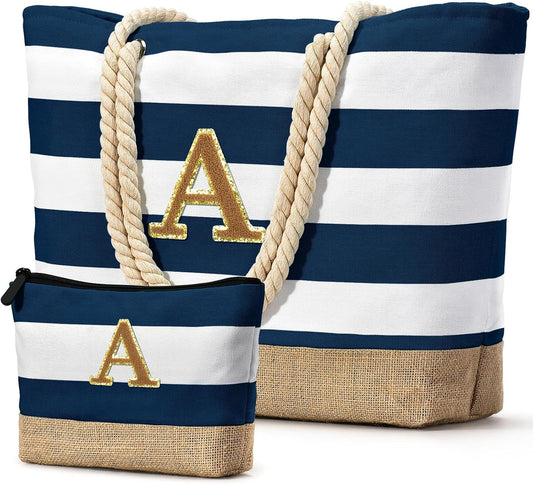 Becokan Beach Bag Initial Beach Tote with Makeup Bag for Travel Work Storage Personalized Birthday Gifts for Women Her