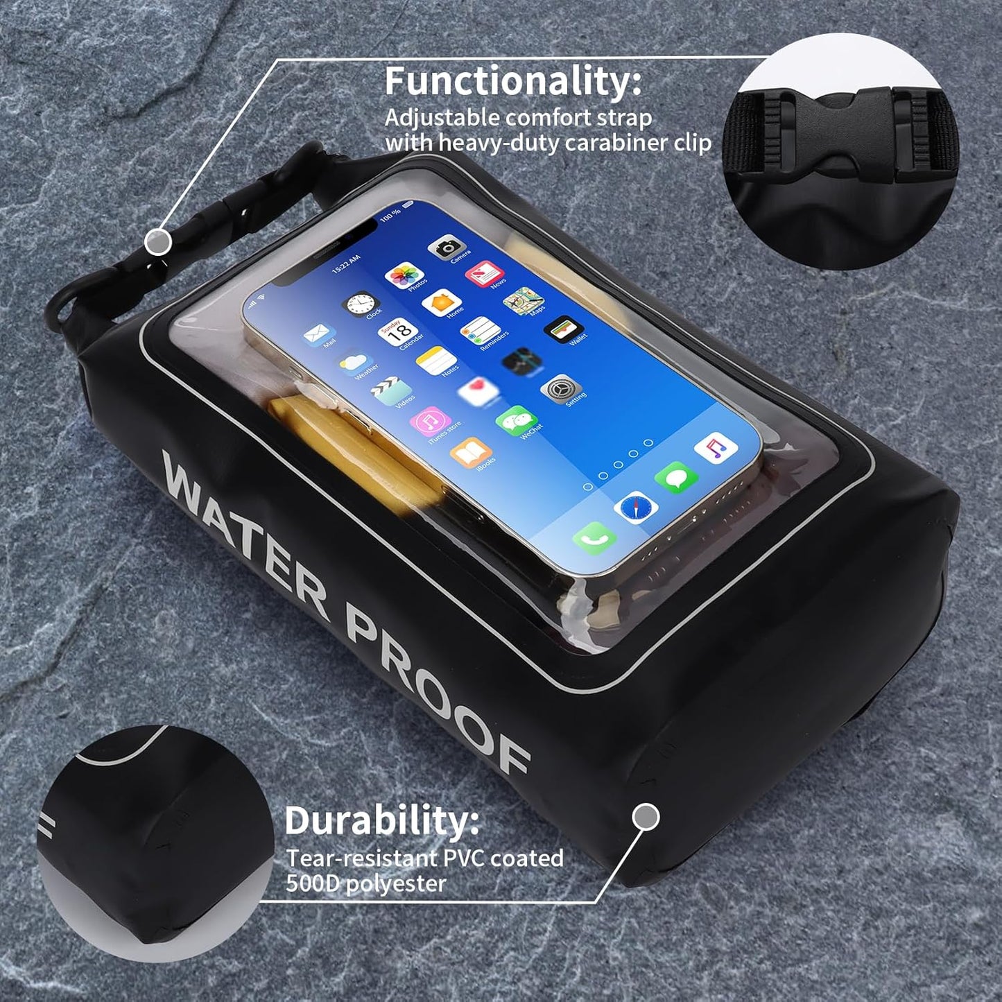 IP68 Waterproof Dry Bag, 2L - Roll Top Waterproof Pool Bag，Dry Bags for Kayaking Waterproof-w/Phone Pouch,Large Waterproof Phone Pouch,Boating & Kayak Accessories Camping (Black)