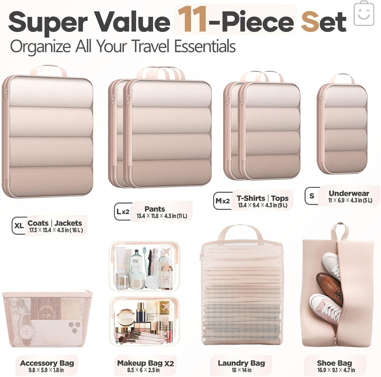 Veken 11 Set Compression Packing Cubes for Travel Essentials,Compressible Expandable Large Luggage Suitcase Organizer Bags for Clothing,Durable Space Saver Storage Bags with Toiletry Bags(Beige)
