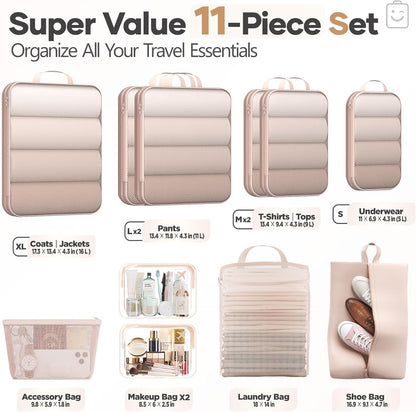 Veken 11 Set Compression Packing Cubes for Travel Essentials,Compressible Expandable Large Luggage Suitcase Organizer Bags for Clothing,Durable Space Saver Storage Bags with Toiletry Bags(Beige)