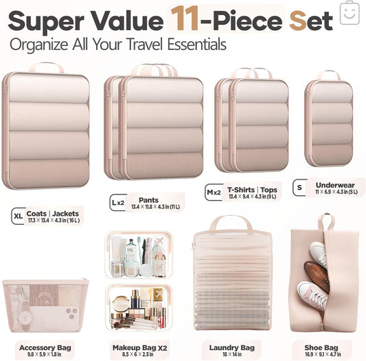 Veken 11 Set Compression Packing Cubes for Travel Essentials,Compressible Expandable Large Luggage Suitcase Organizer Bags for Clothing,Durable Space Saver Storage Bags with Toiletry Bags(Beige)