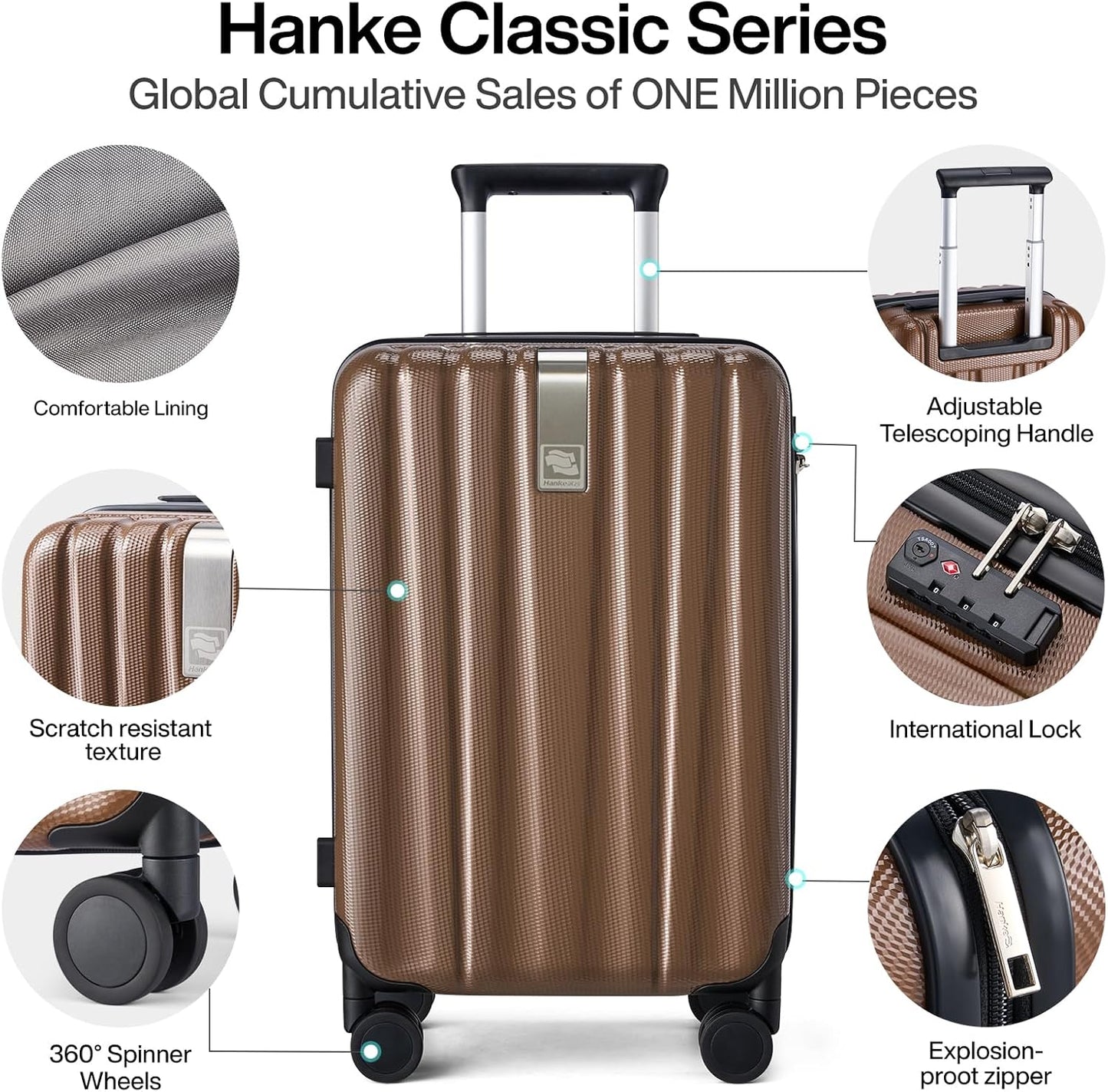 Hanke Luggage Sets 3 piece Carry On Luggage with Wheels PC Hard Shell Suitcases Lightweight Checked Tsa Luggage Extra Large Travel Suitcase Woman Men 20/24/29 Inch （Brown）