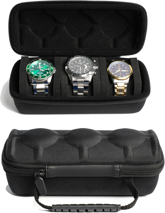 3 watch travel case roll, Hard watch carry case roll display storage organizer box for men and women with soft foam pillows snug fit all size watches up to 60mm face