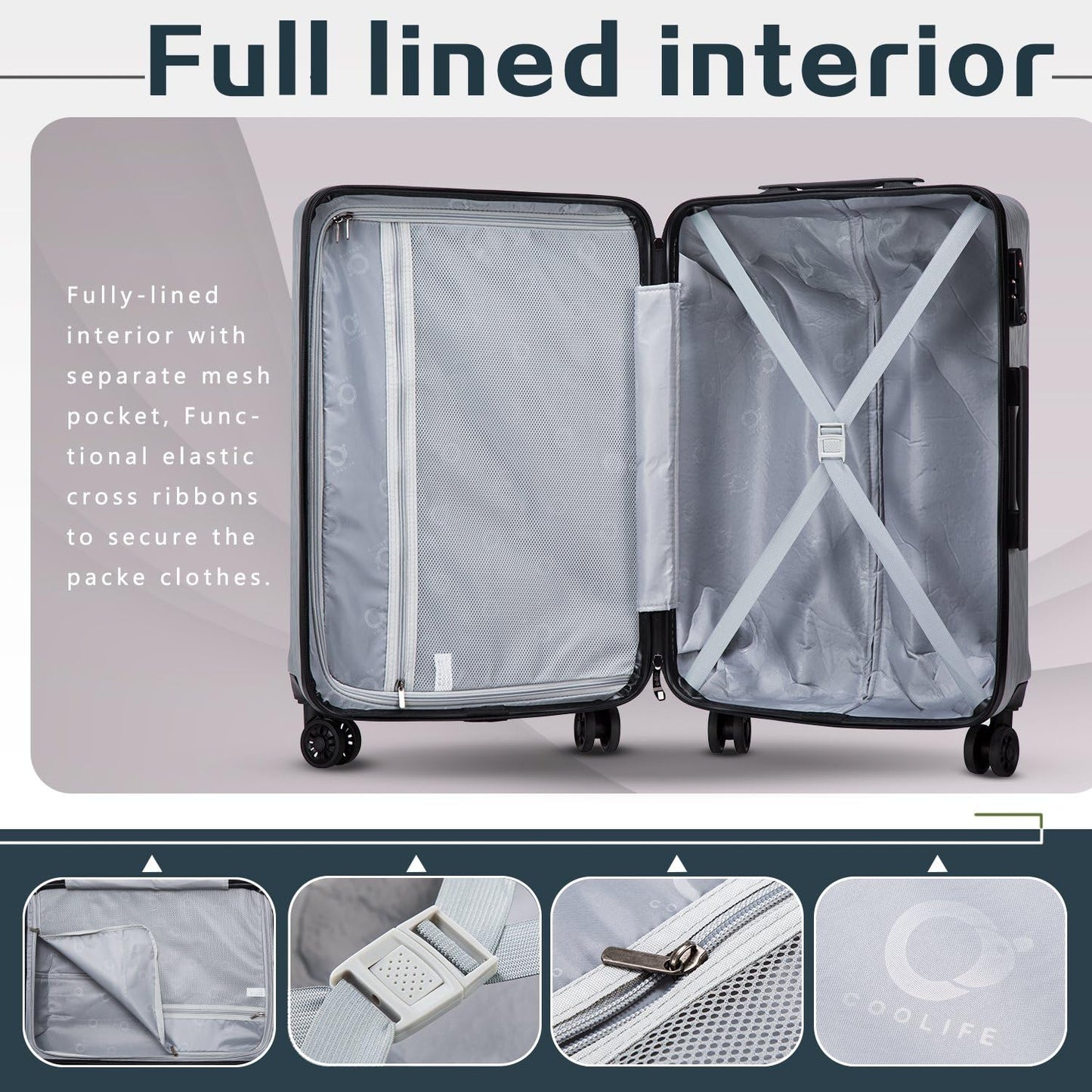 Coolife Luggage Suitcase PC+ABS with TSA Lock Spinner Carry on Hardshell Lightweight 20in 24in 28in (sliver, M(24IN))