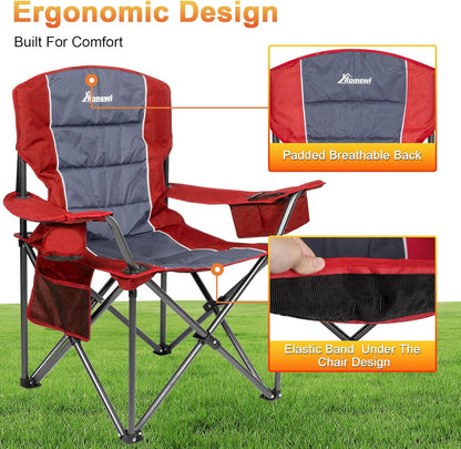 Romswi Oversized Camping Chairs,Heavy Duty Support 500 LBS,Padded Back & Arm Sport Chairs, Cup Holder Cooler Bag, Collapsible Folding Chairs for Outdoor, Fishing & Garden, Red,2-Pack