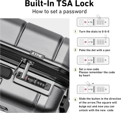 KYME Carry On Luggage 22x14x9 Airline Approved with Cup Holder Hardside Carry On Suitcase with Spinner Wheels Hardshell Travel Rolling 22 Inch Luggage with TSA Lock for Women Men Silver